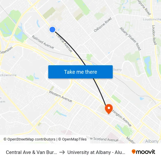 Central Ave & Van Buren Ave to University at Albany - Alumni Quad map