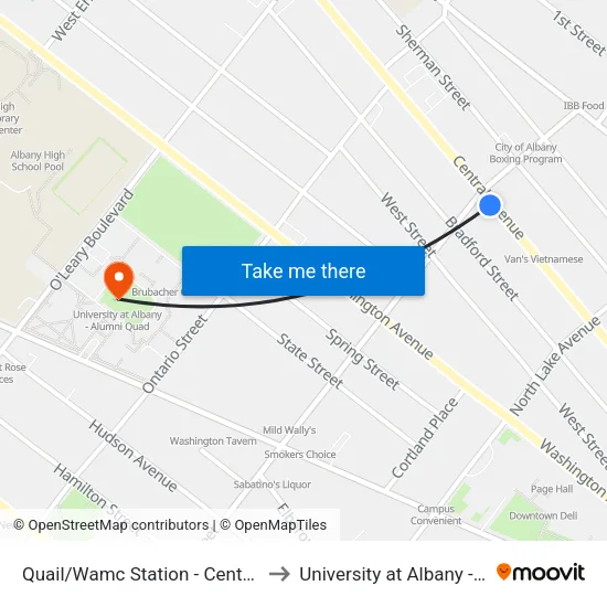 Quail/Wamc Station - Central Ave & Quail St to University at Albany - Alumni Quad map
