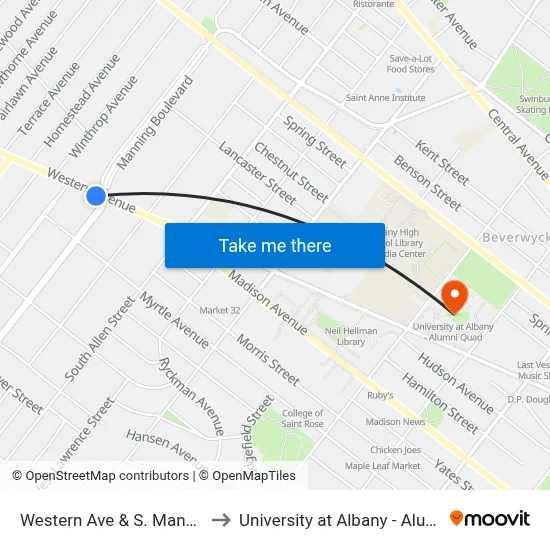 Western Ave & S. Manning Blvd to University at Albany - Alumni Quad map