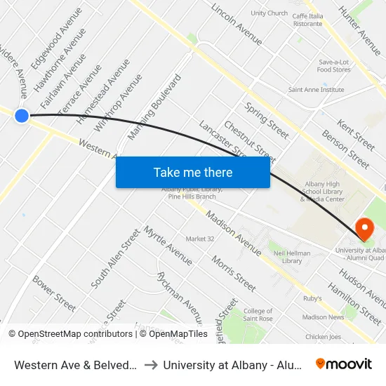 Western Ave & Belvedere  Ave to University at Albany - Alumni Quad map
