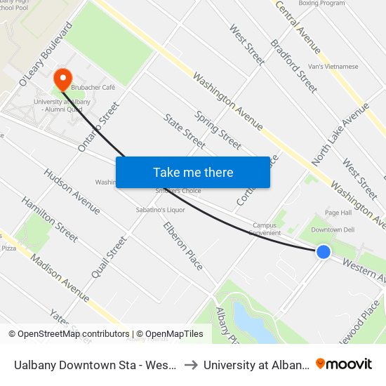 Ualbany Downtown Sta - Western Ave & Thurlow Terr to University at Albany - Alumni Quad map