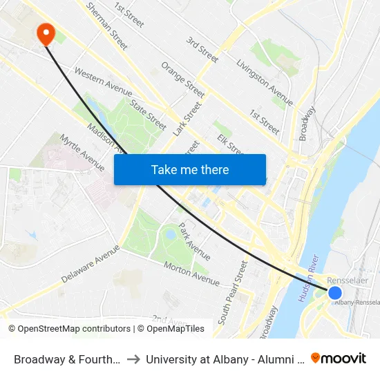 Broadway & Fourth Ave to University at Albany - Alumni Quad map