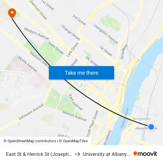 East St & Herrick St (Joseph Bruno Rail Station) to University at Albany - Alumni Quad map