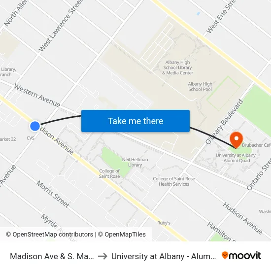 Madison Ave & S. Main Ave to University at Albany - Alumni Quad map