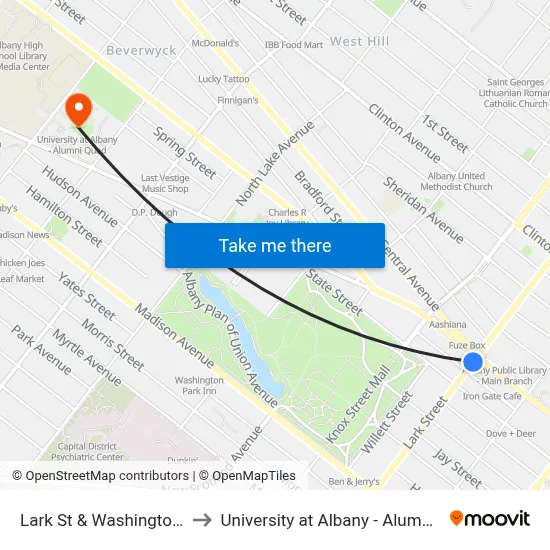 Lark St & Washington Ave to University at Albany - Alumni Quad map