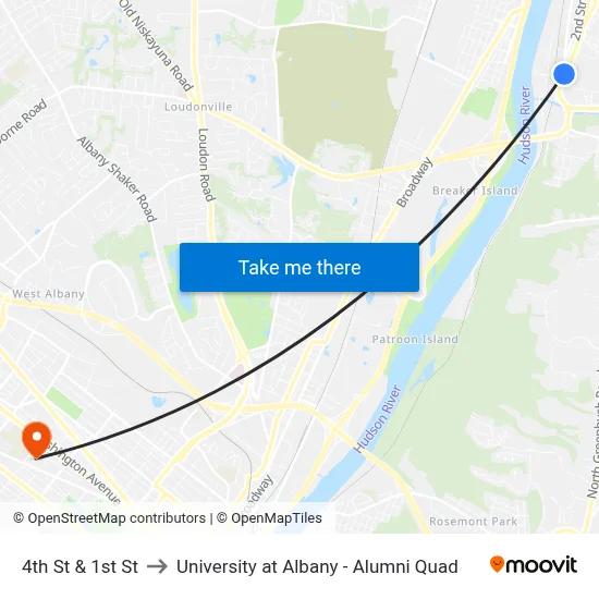 4th St & 1st St to University at Albany - Alumni Quad map