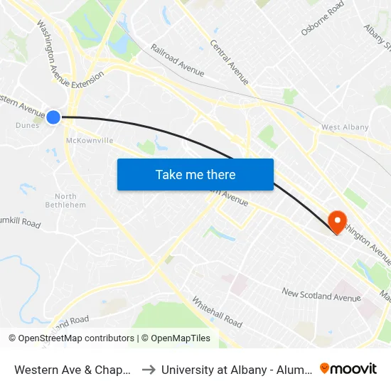 Western Ave & Chapman Dr to University at Albany - Alumni Quad map