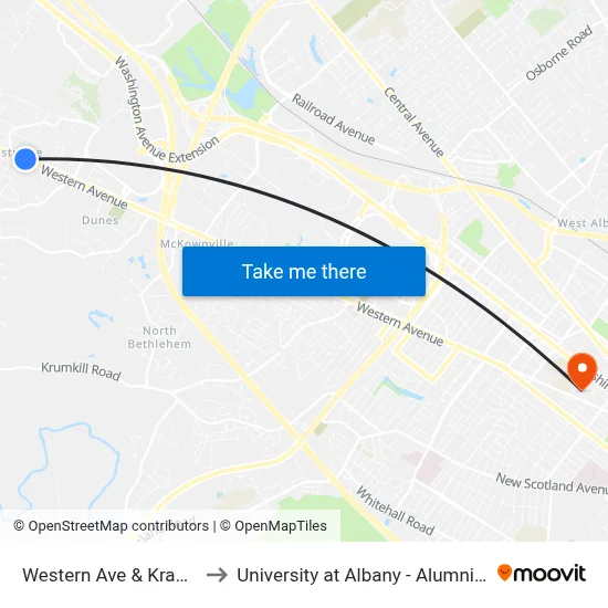 Western Ave & Kraus Rd to University at Albany - Alumni Quad map