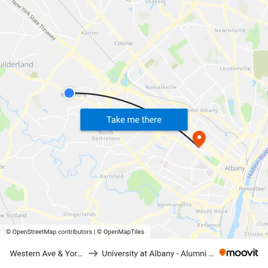 Western Ave & York Rd to University at Albany - Alumni Quad map