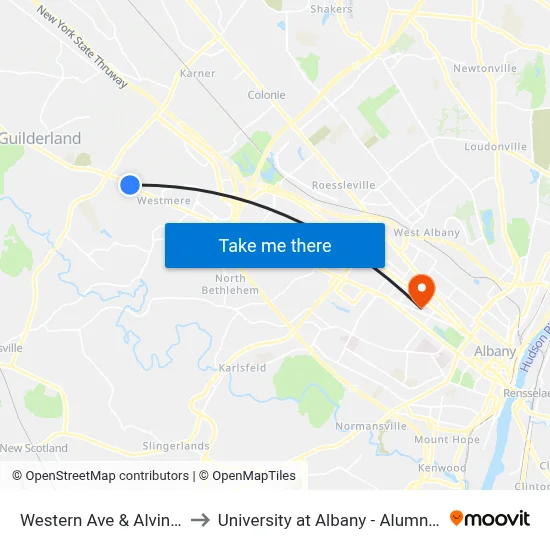 Western Ave & Alvinia Rd to University at Albany - Alumni Quad map