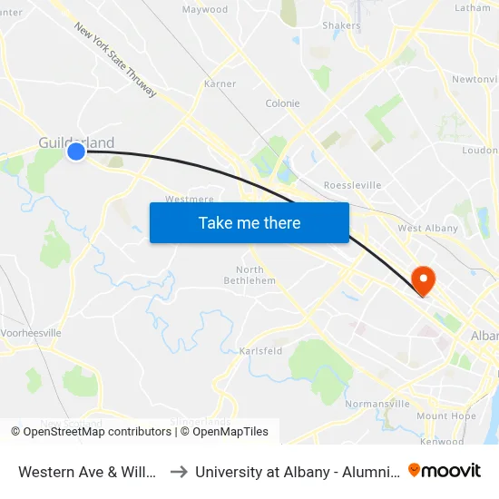 Western Ave & Willow St to University at Albany - Alumni Quad map