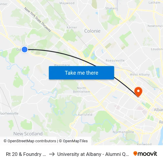 Rt 20 & Foundry Rd to University at Albany - Alumni Quad map