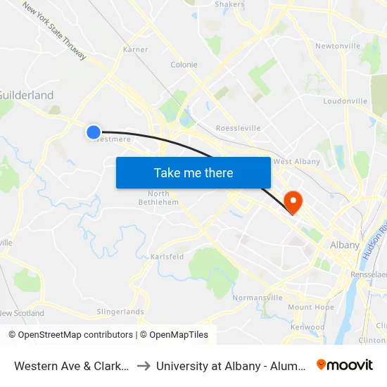 Western Ave & Clark Pkwy to University at Albany - Alumni Quad map