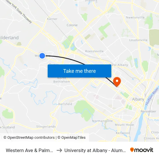 Western Ave & Palma Blvd to University at Albany - Alumni Quad map