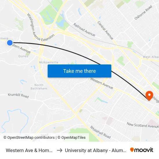 Western Ave & Homes Terr to University at Albany - Alumni Quad map