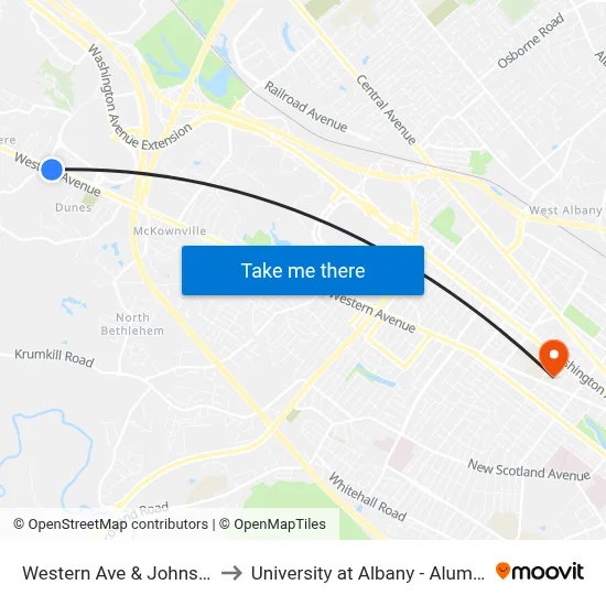 Western Ave & Johnston Rd to University at Albany - Alumni Quad map