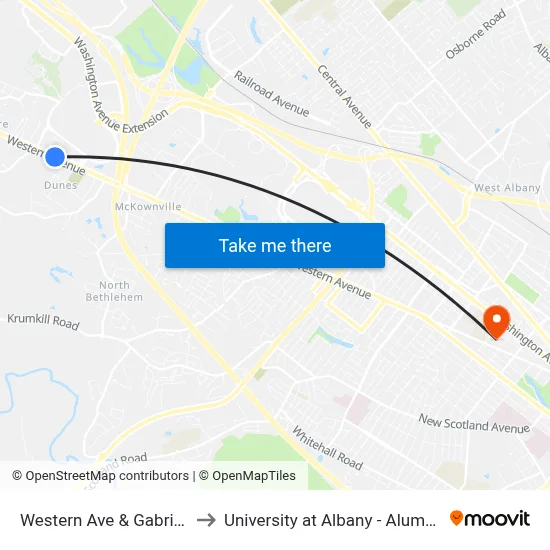 Western Ave & Gabriel Terr to University at Albany - Alumni Quad map