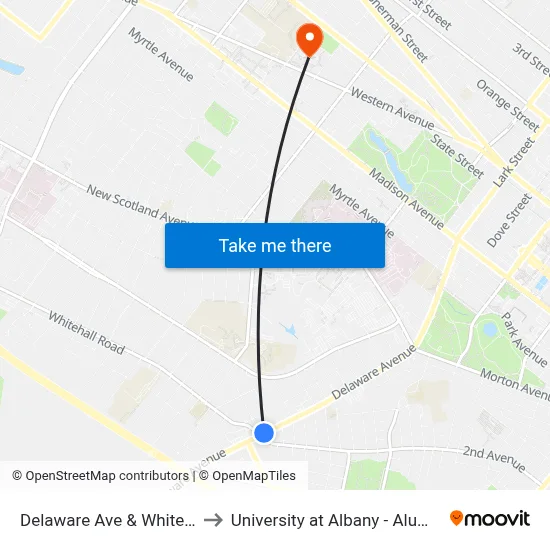 Delaware Ave & Whitehall Rd to University at Albany - Alumni Quad map