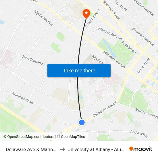 Delaware Ave & Marinello Terr to University at Albany - Alumni Quad map