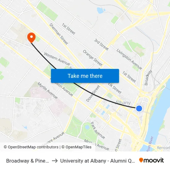 Broadway & Pine St to University at Albany - Alumni Quad map