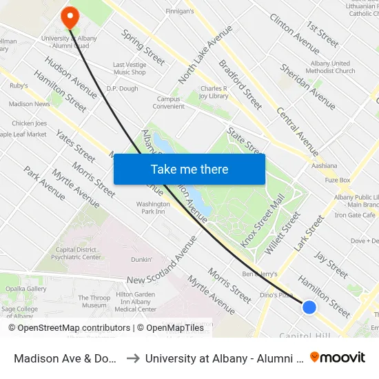 Madison Ave & Dove St to University at Albany - Alumni Quad map