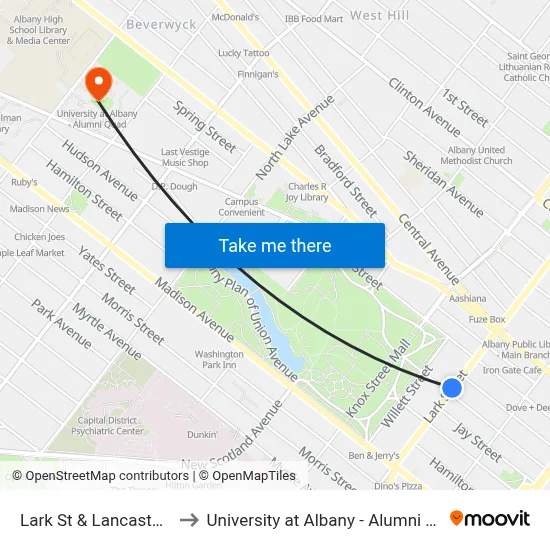 Lark St & Lancaster St to University at Albany - Alumni Quad map