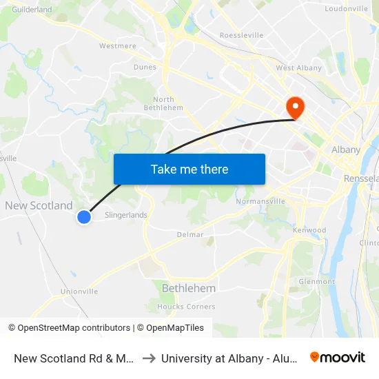 New Scotland Rd & Mason Ln to University at Albany - Alumni Quad map