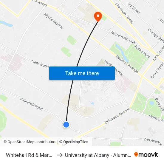Whitehall Rd & Marwill St to University at Albany - Alumni Quad map