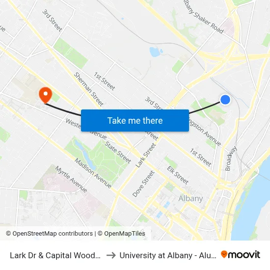 Lark Dr & Capital Woods Apts  #1 to University at Albany - Alumni Quad map
