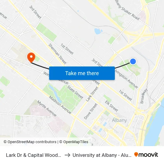 Lark Dr & Capital Woods Apts #2 to University at Albany - Alumni Quad map