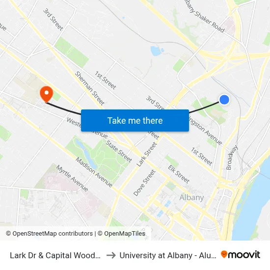 Lark Dr & Capital Woods Apts #1 to University at Albany - Alumni Quad map
