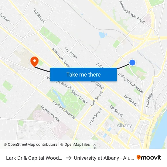 Lark Dr & Capital Woods Apts #3 to University at Albany - Alumni Quad map