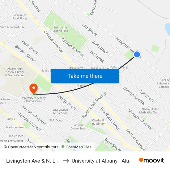 Livingston Ave & N. Lake Ave to University at Albany - Alumni Quad map