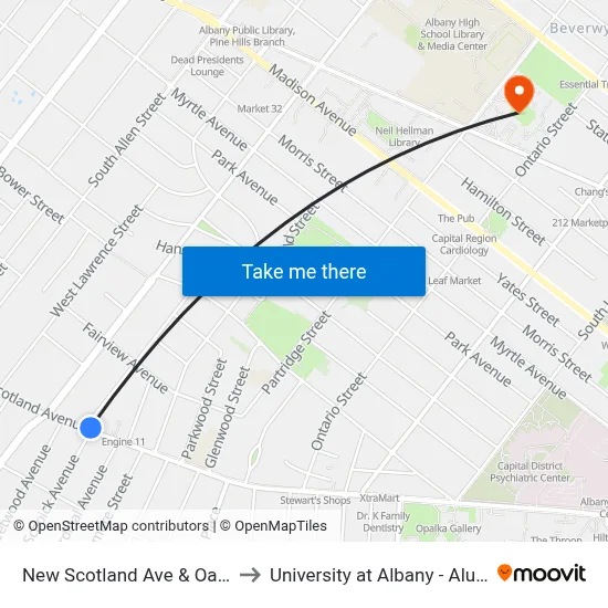 New Scotland Ave & Oakwood St to University at Albany - Alumni Quad map