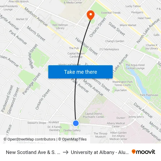 New Scotland Ave & S. Lake Ave to University at Albany - Alumni Quad map