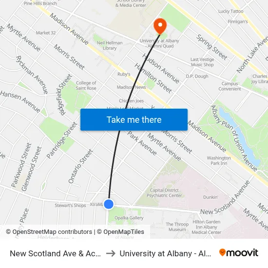 New Scotland Ave & Academy Rd to University at Albany - Alumni Quad map