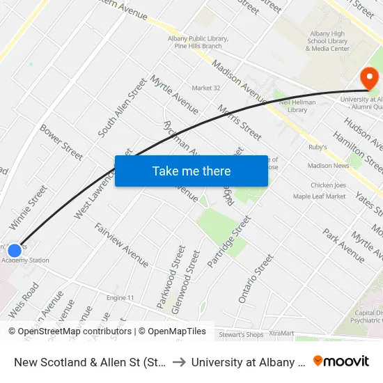 New Scotland & Allen St (St. Peter's Hospital) to University at Albany - Alumni Quad map