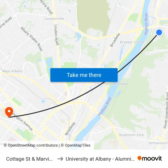 Cottage St & Marvin Ave to University at Albany - Alumni Quad map