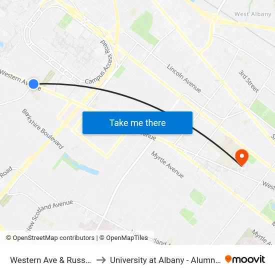 Western Ave & Russell Rd to University at Albany - Alumni Quad map