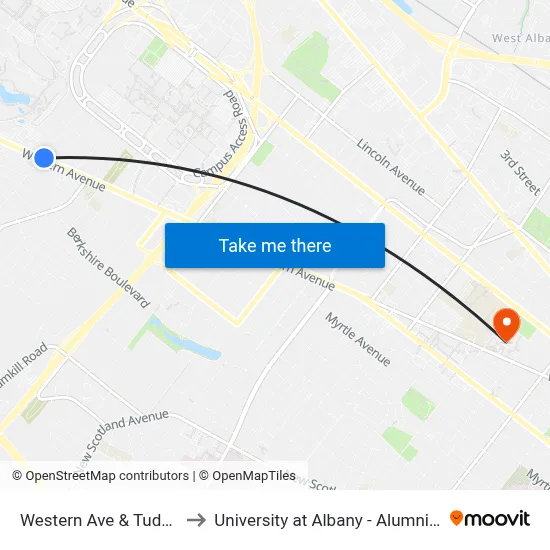 Western Ave & Tudor Rd to University at Albany - Alumni Quad map