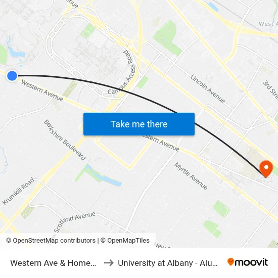Western Ave & Homestead St to University at Albany - Alumni Quad map