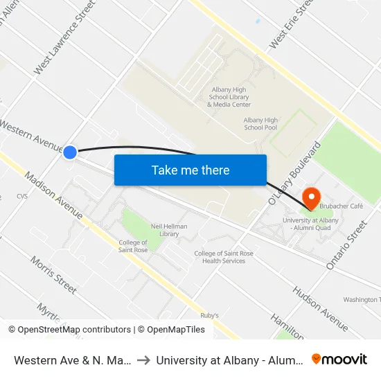 Western Ave & N. Main Ave to University at Albany - Alumni Quad map