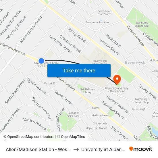 Allen/Madison Station - Western Ave & S. Allen St to University at Albany - Alumni Quad map