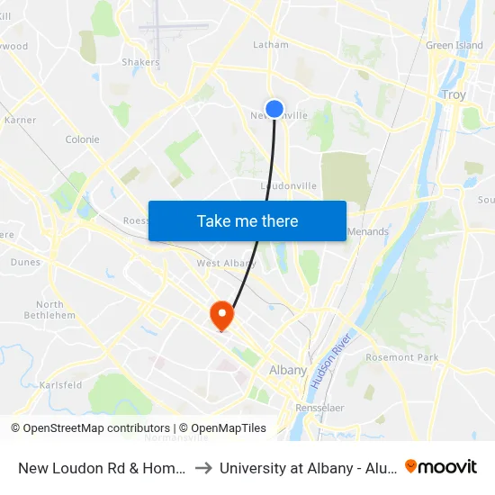New Loudon Rd & Homestead Dr to University at Albany - Alumni Quad map