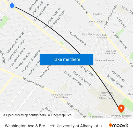 Washington Ave & Brevator St to University at Albany - Alumni Quad map