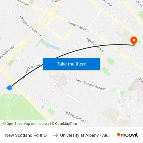 New Scotland Rd & O'Neil Rd to University at Albany - Alumni Quad map