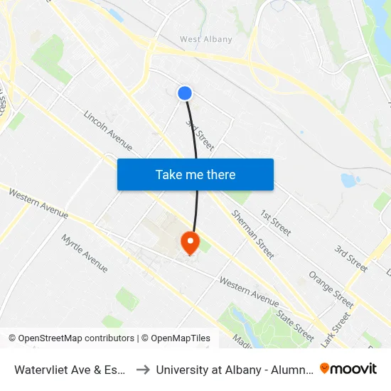 Watervliet Ave & Essex St to University at Albany - Alumni Quad map