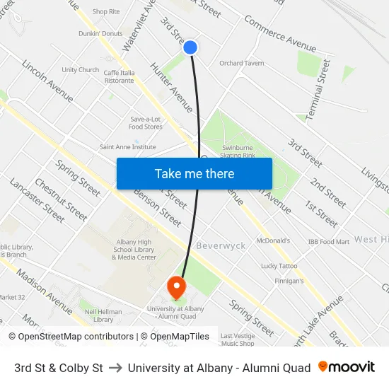 3rd St & Colby St to University at Albany - Alumni Quad map