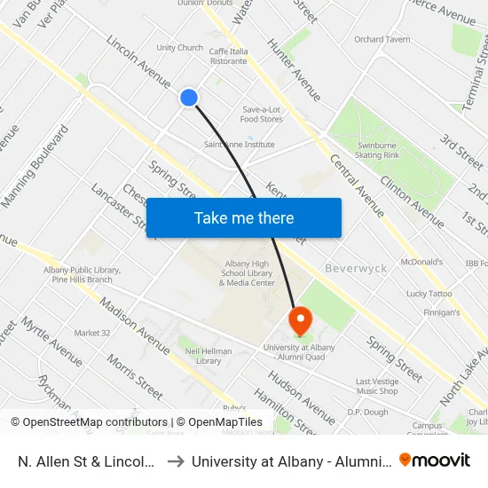 N. Allen St & Lincoln Ave to University at Albany - Alumni Quad map