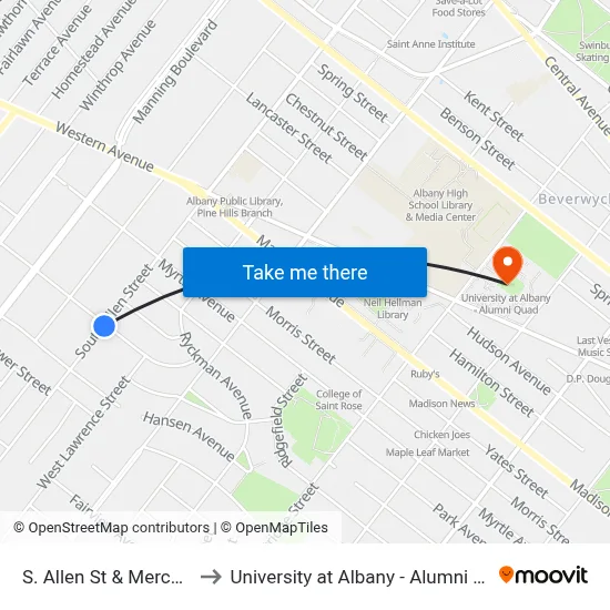 S. Allen St & Mercer St to University at Albany - Alumni Quad map
